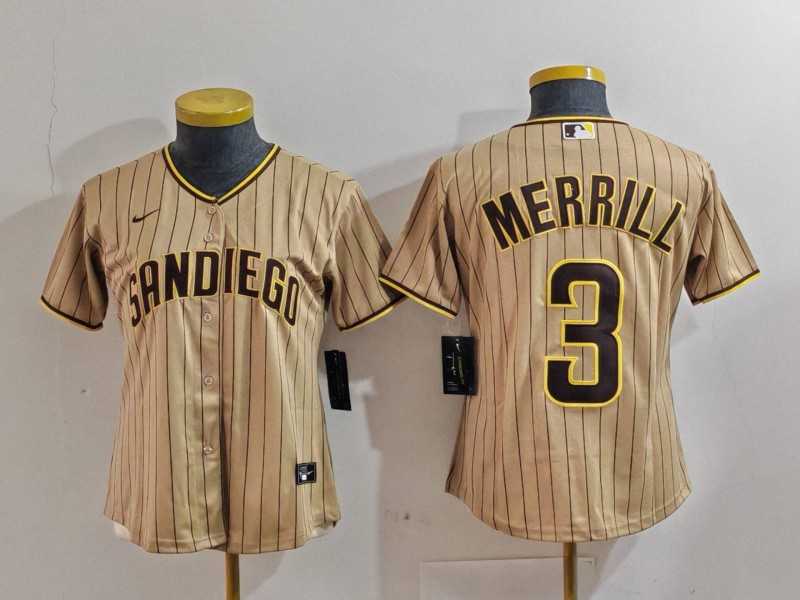 Womens San Diego Padres #3 Jackson Merrill Tan NEW 2023 Cool Base Stitched Jersey